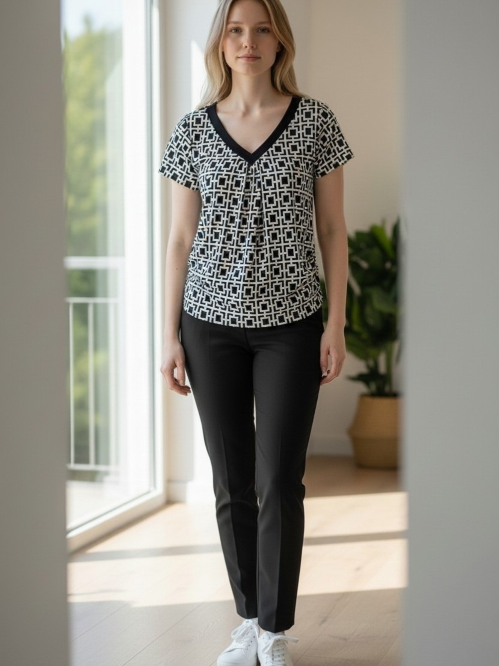 C'est La Vie Black & White Geometric V-Neck Top